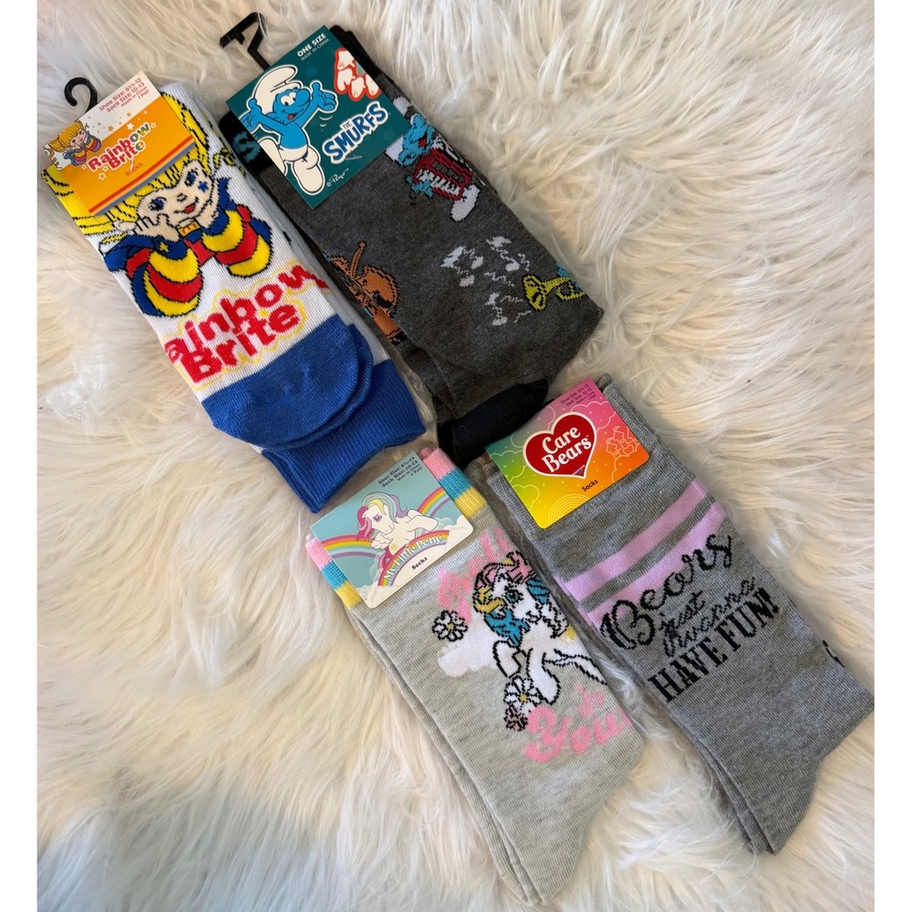 4pk Retro Character Socks Rainbow Brite Smurfs My Little Pony Care Bears NWT